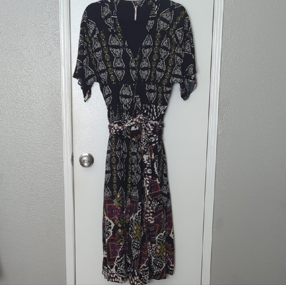 Free People Black Mixed-Print Midi Wrap Dress